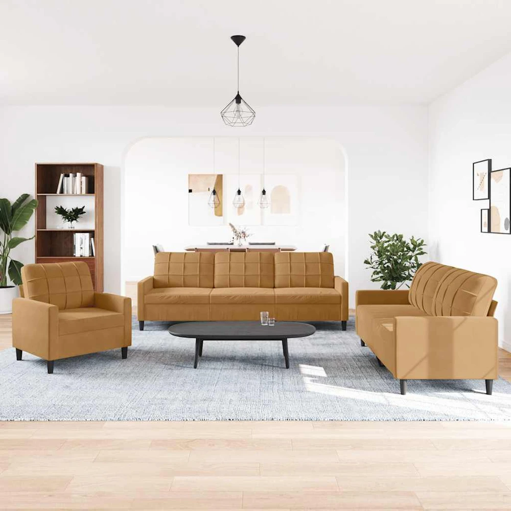 Sofa Sofos komplektas su pagalvėlėmis, 3 dalių, rudas, aksomas