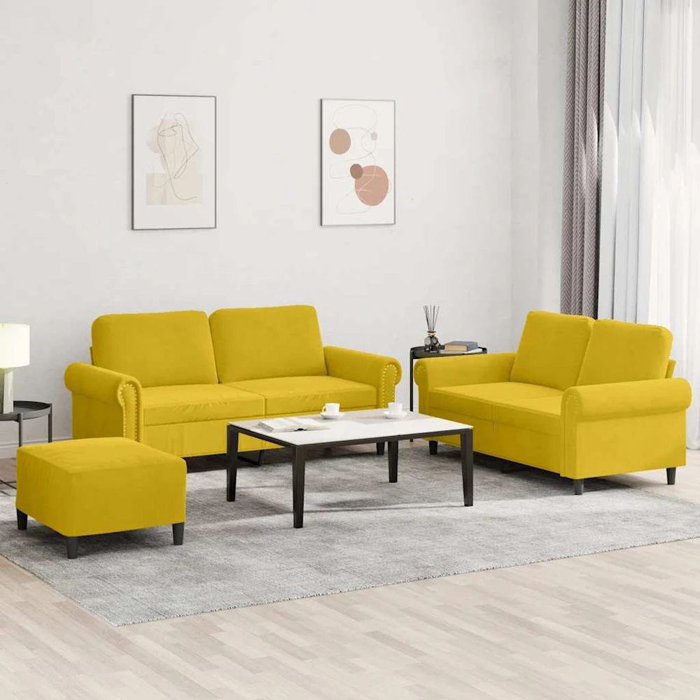 Sofa Sofos komplektas su pagalvėlėmis, 3 dalių, geltonas, aksomas