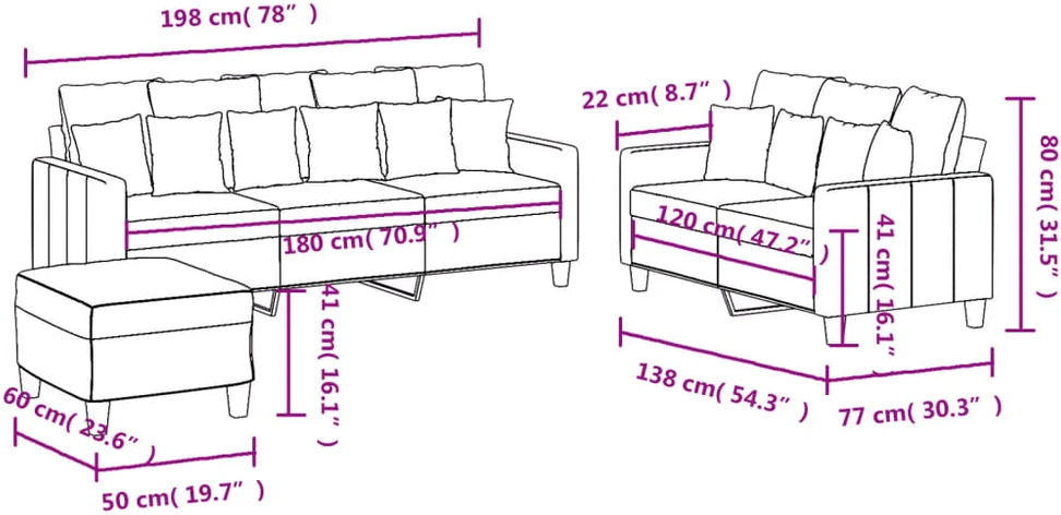 Sofa Sofos komplektas su pagalvėlėmis, 3 dalių, rudas, audinys