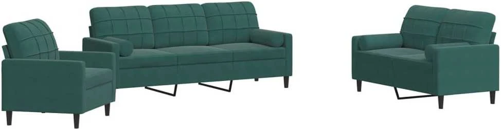 Sofa Sofos komplektas su pagalvėlėmis, 3 dalių, žalias, aksomas