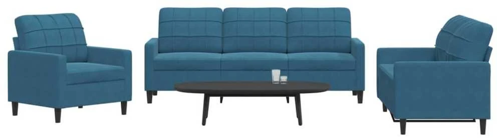 Sofa Sofos komplektas su pagalvėlėmis, 3 dalių, mėlynas, aksomas