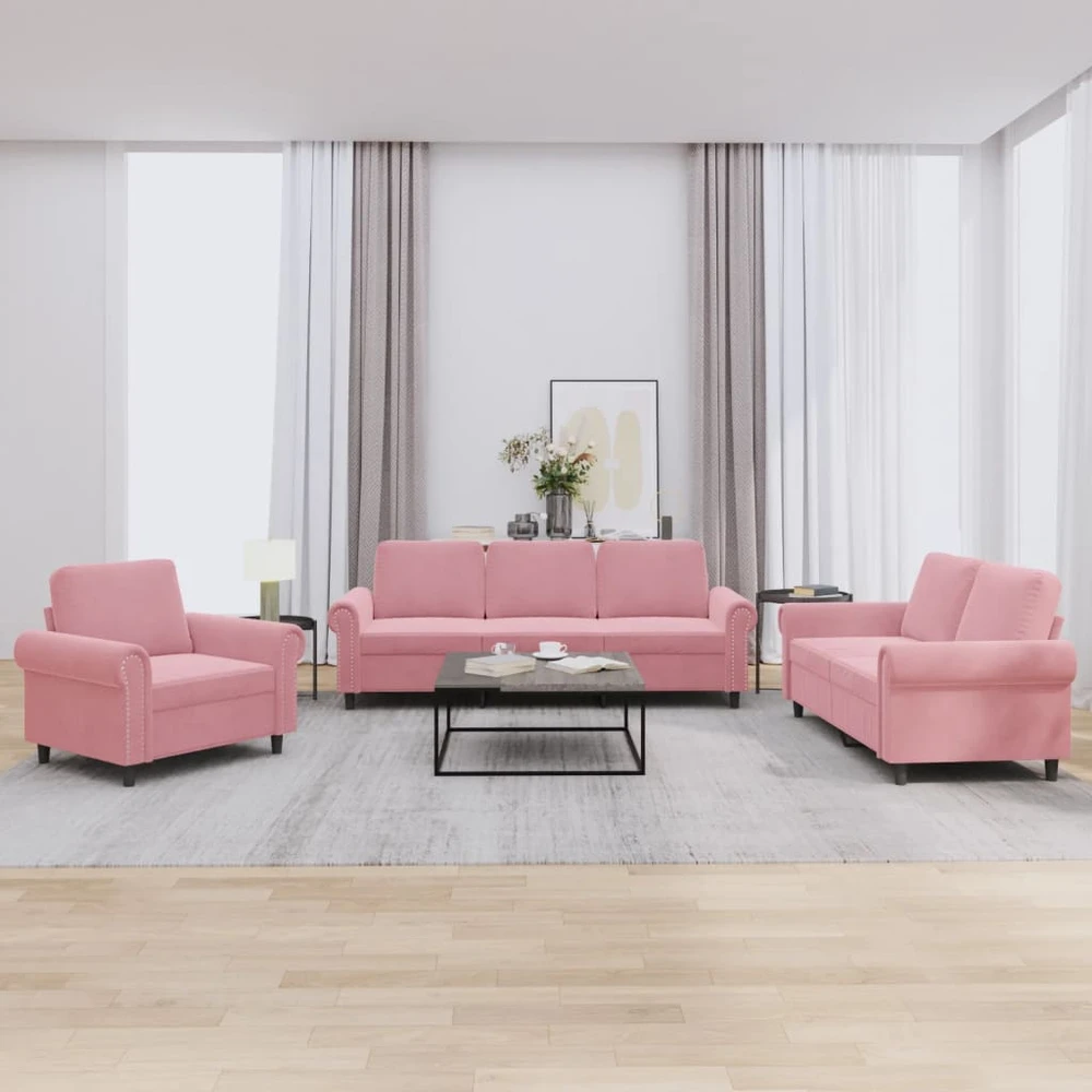 Sofa Sofos komplektas su pagalvėlėmis, 3 dalių, rožinis, aksomas
