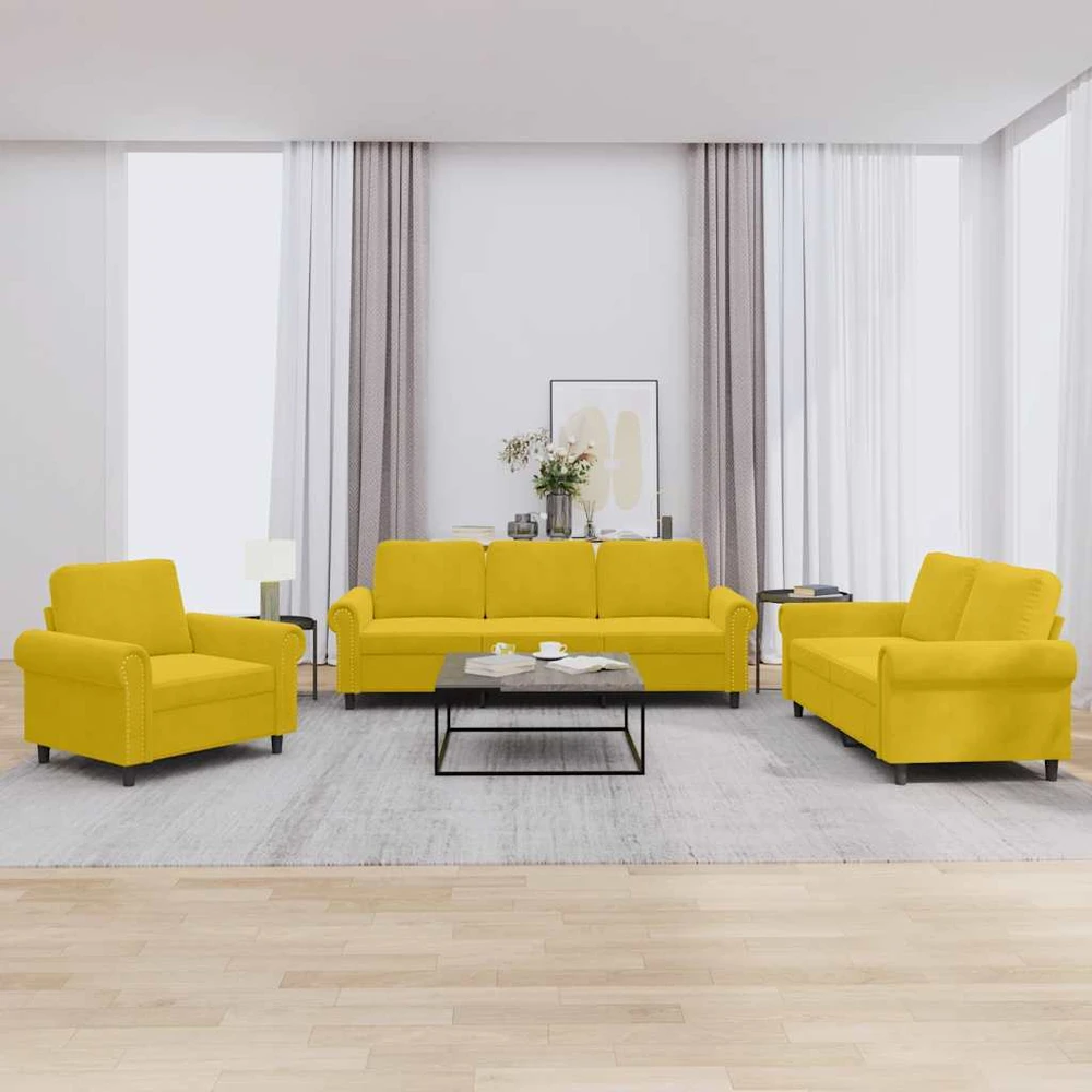 Sofa Sofos komplektas su pagalvėlėmis, 3 dalių, geltonas, aksomas