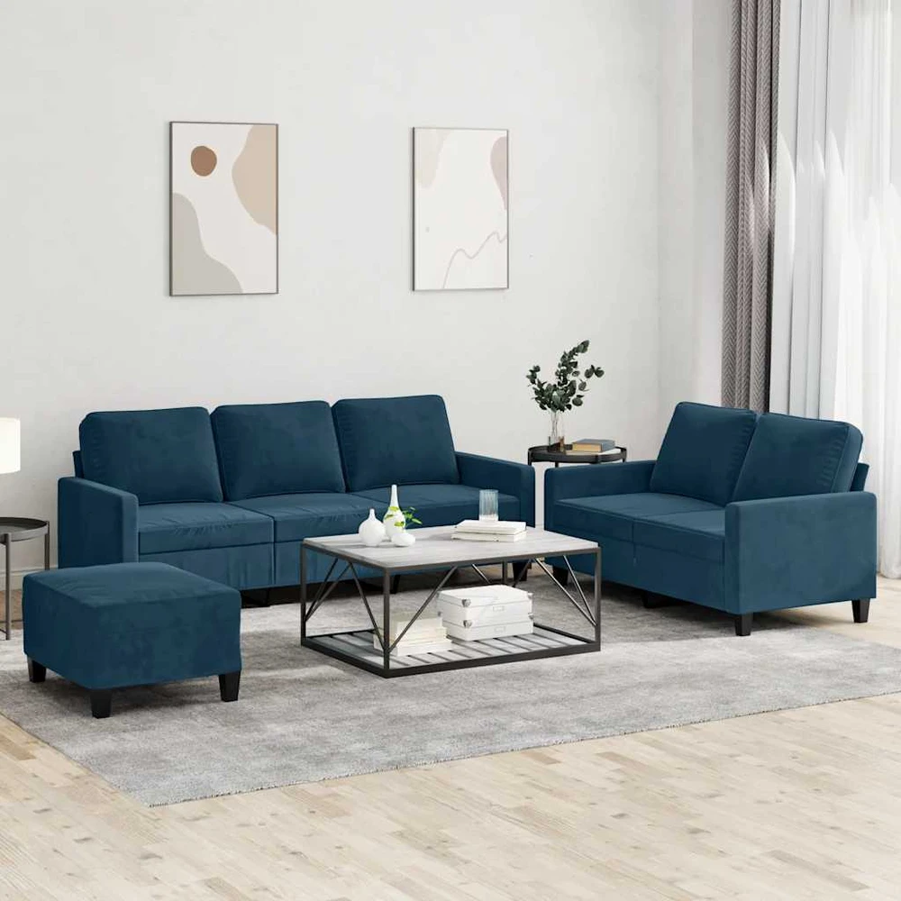 Sofa Sofos komplektas su pagalvėlėmis, 3 dalių, mėlynas, aksomas