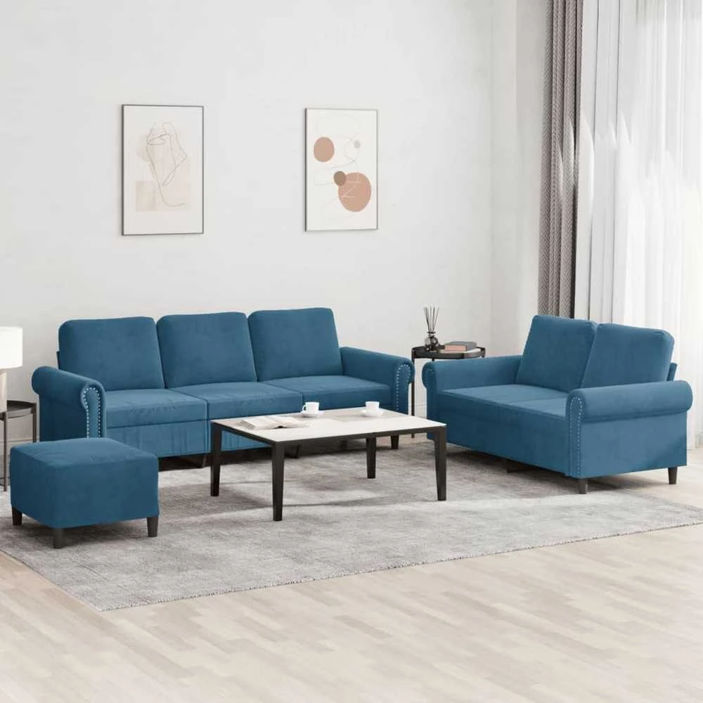 Sofa Sofos komplektas su pagalvėlėmis, 3 dalių, mėlynas, aksomas