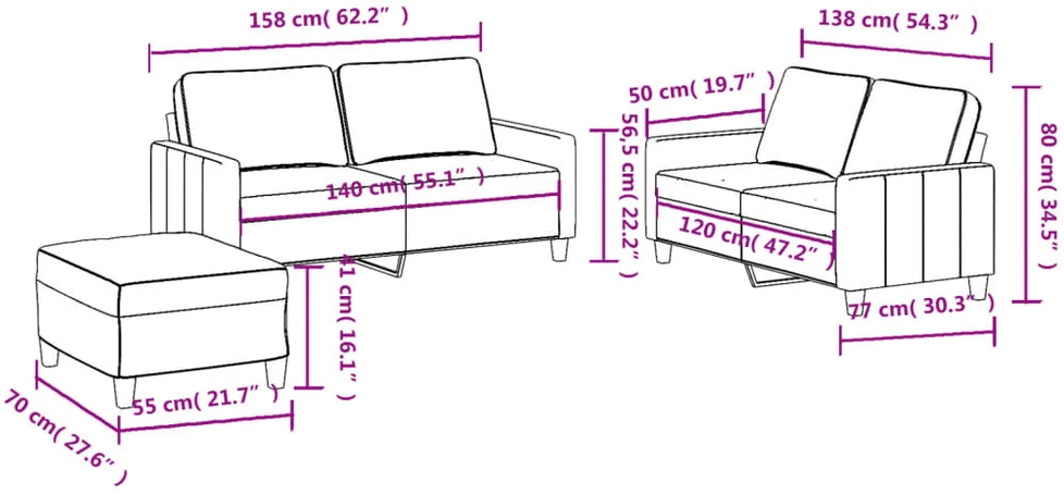 Sofa Sofos komplektas su pagalvėlėmis, 3 dalių, pilkas, audinys