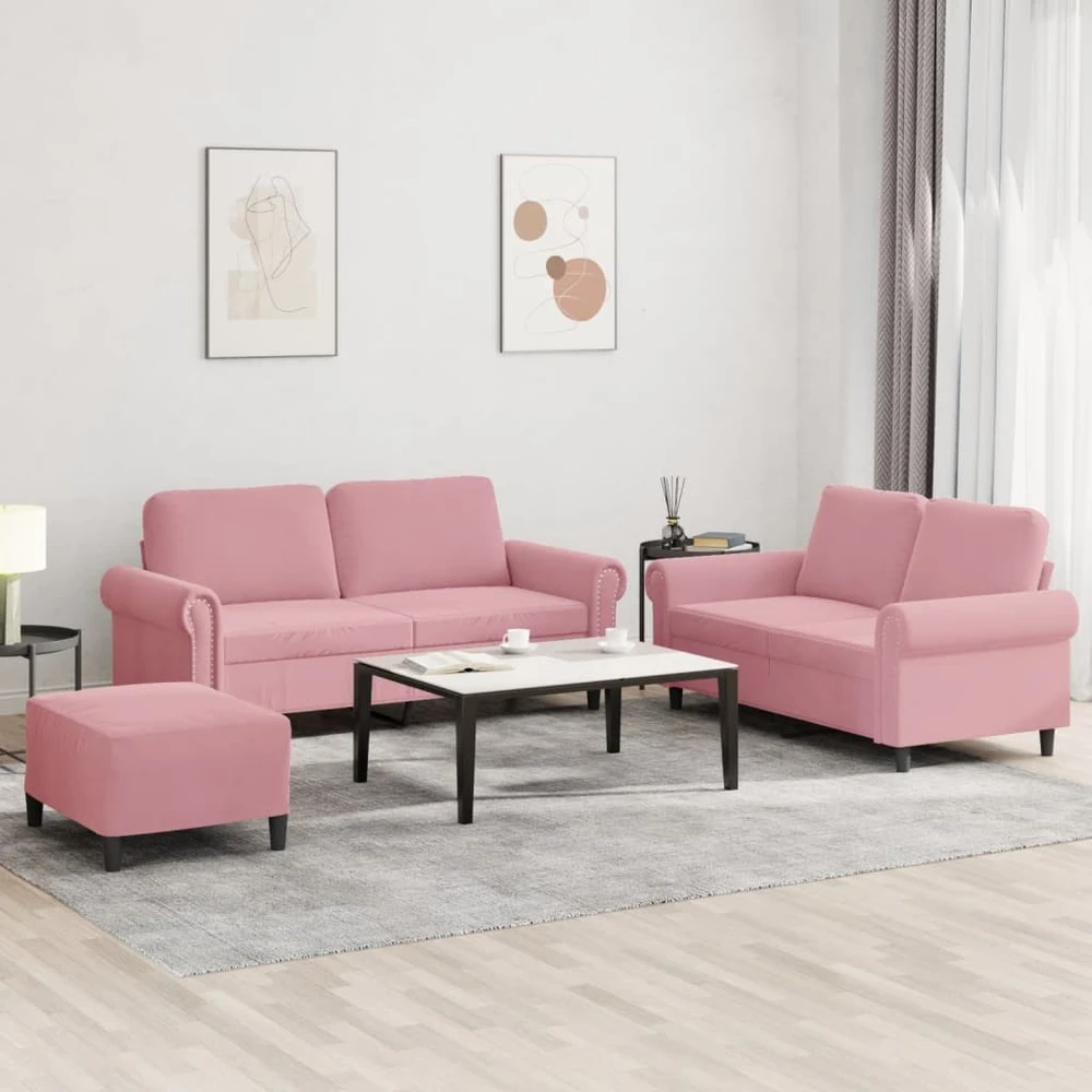 Sofa Sofos komplektas su pagalvėlėmis, 3 dalių, rožinis, aksomas