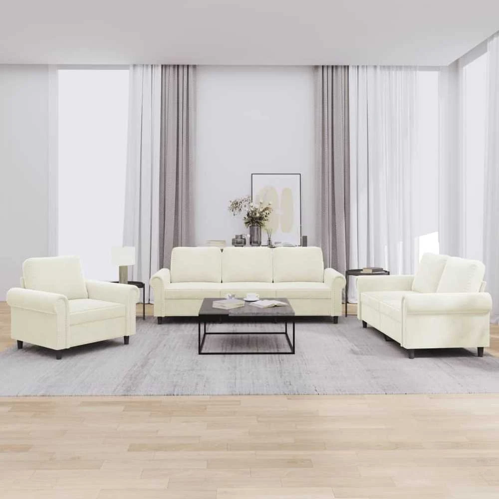 Sofa Sofos komplektas su pagalvėlėmis, 3 dalių, kreminis, aksomas