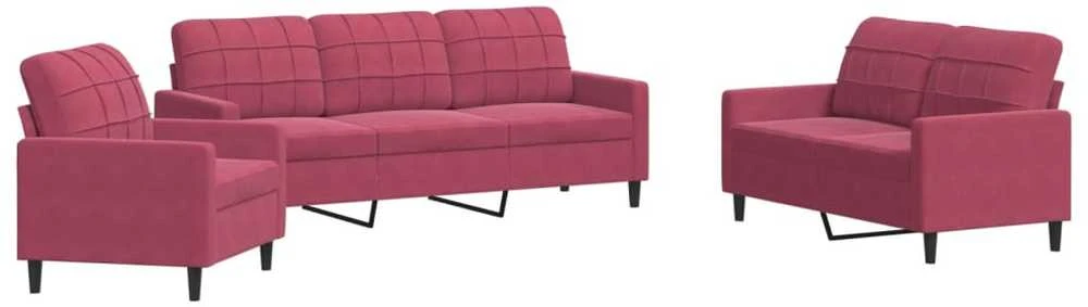 Sofa Sofos komplektas su pagalvėlėmis, 3 dalių, vyno, aksomas