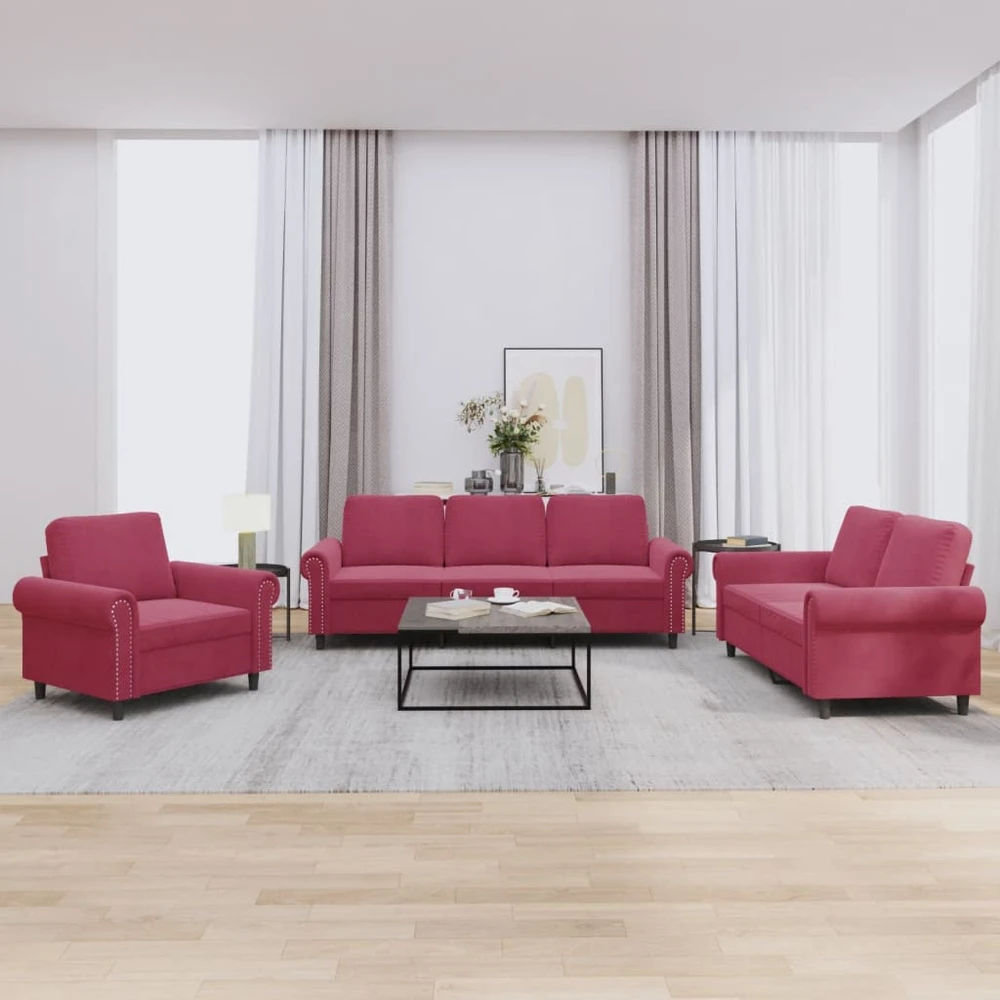 Sofa Sofos komplektas su pagalvėlėmis, 3 dalių, vyno, aksomas