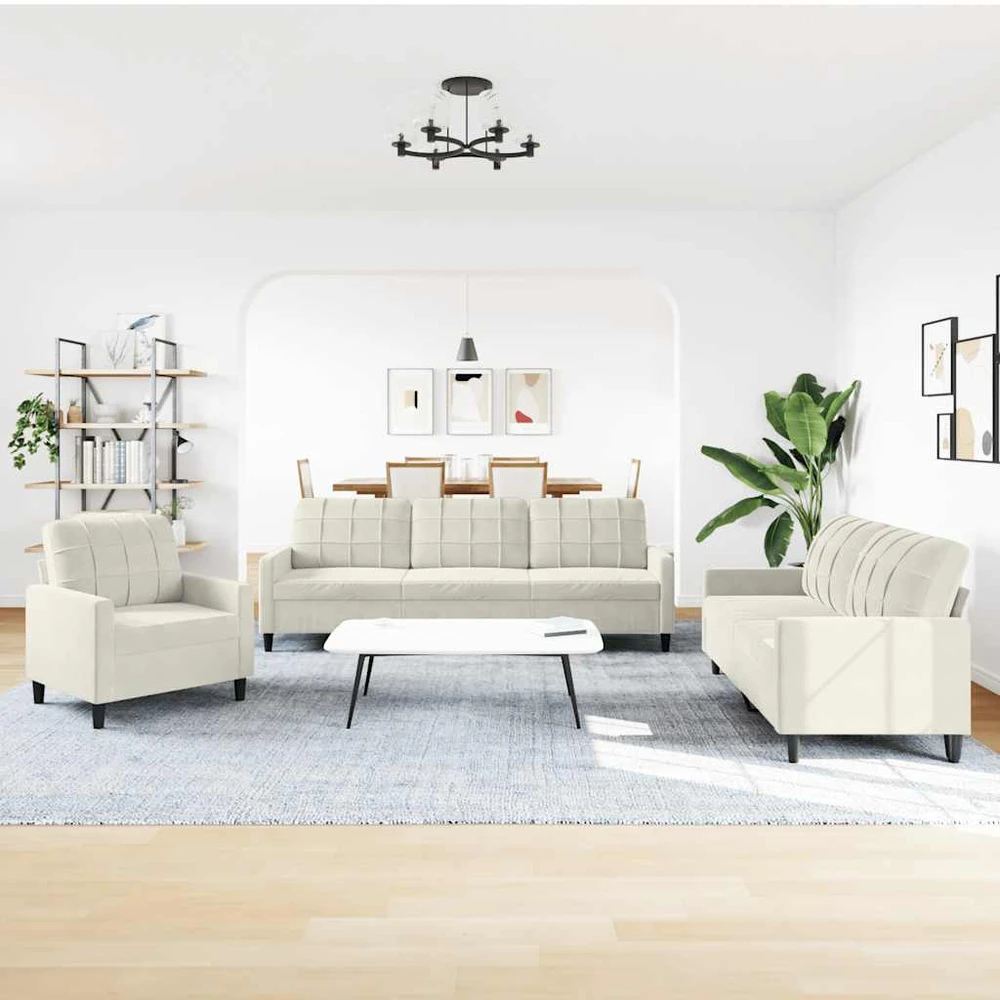 Sofa Sofos komplektas su pagalvėlėmis, 3 dalių, kreminis, aksomas
