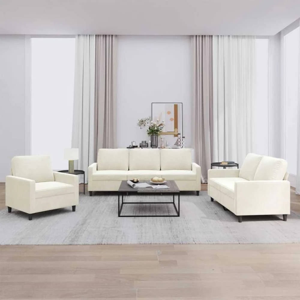 Sofa Sofos komplektas su pagalvėlėmis, 3 dalių, kreminis, aksomas