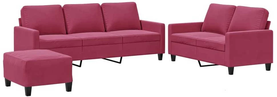Sofa Sofos komplektas su pagalvėlėmis, 3 dalių, vyno, aksomas