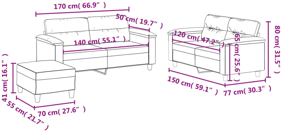 Sofa Sofos komplektas su pagalvėlėmis, 3 dalių, pilkas, audinys