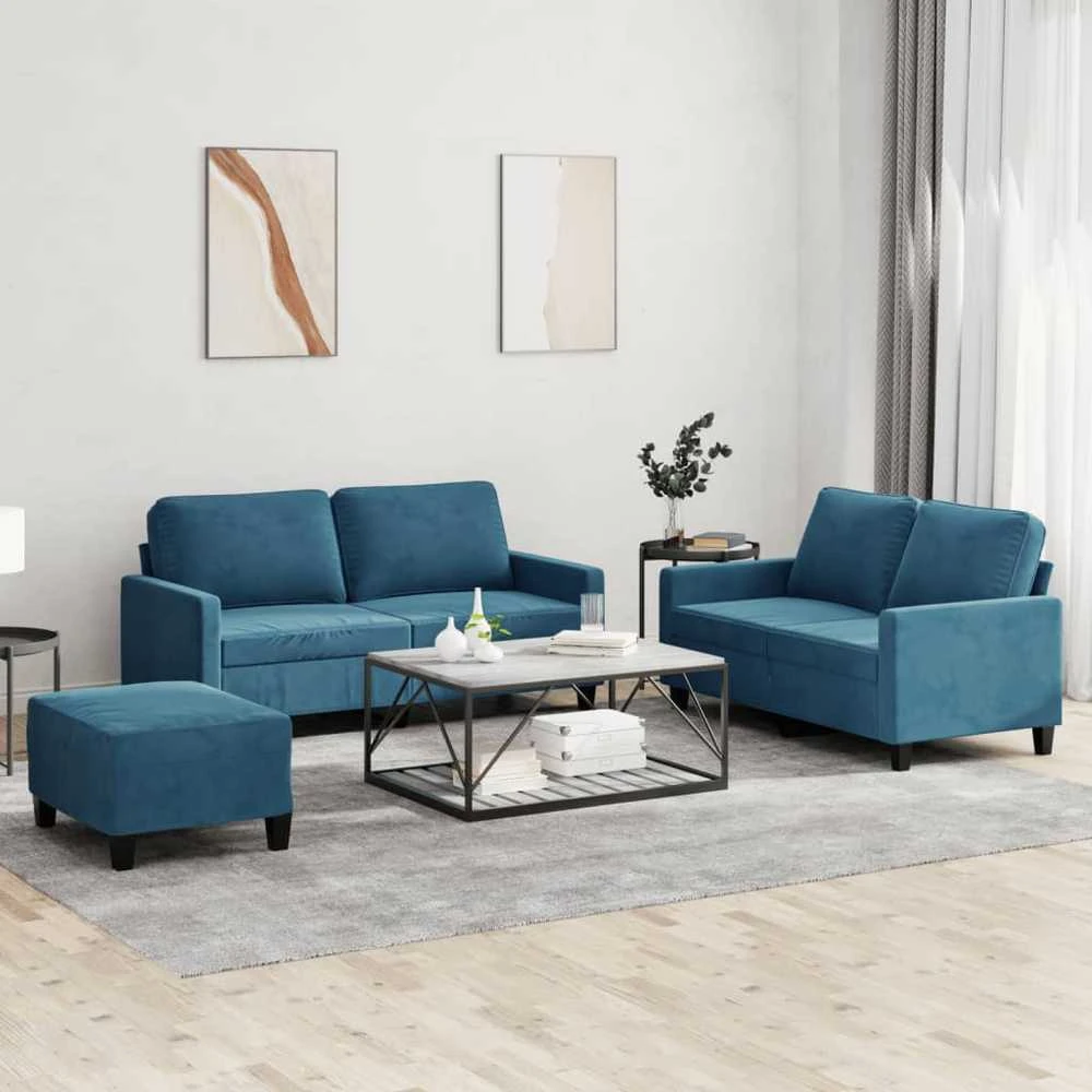 Sofa Sofos komplektas su pagalvėlėmis, 3 dalių, mėlynas, aksomas