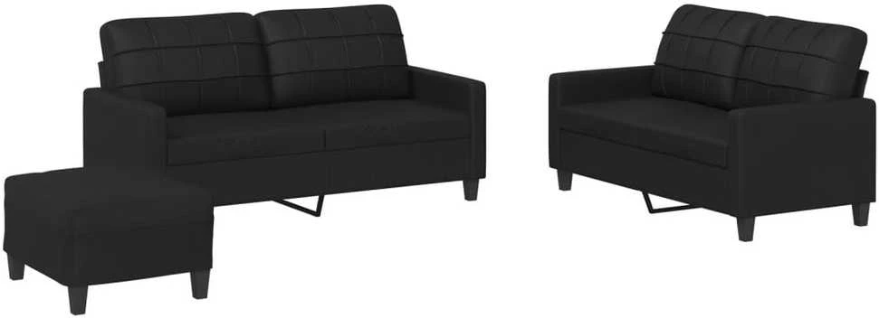 Sofa Sofos komplektas su pagalvėlėmis, 3 dalių, juodas, dirbtinė oda