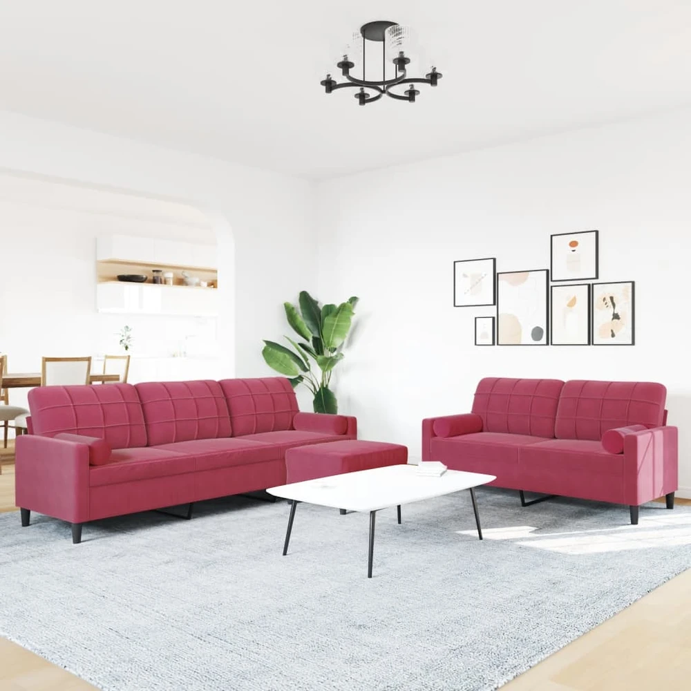 Sofa Sofos komplektas su pagalvėlėmis, 3 dalių, vyno, aksomas