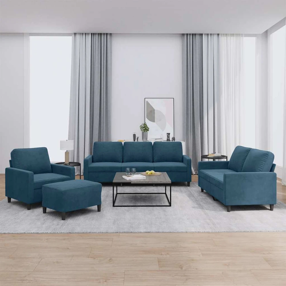 Sofa Sofos komplektas su pagalvėlėmis, 4 dalių, mėlynas, aksomas