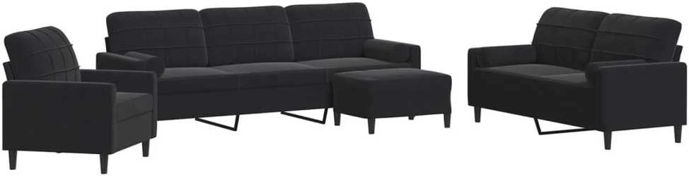 Sofa Sofos komplektas su pagalvėlėmis, 4 dalių, juodas, aksomas