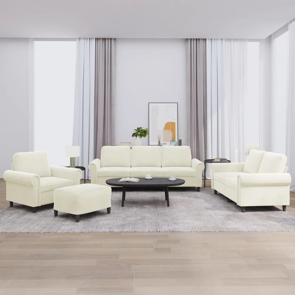 Sofa Sofos komplektas su pagalvėlėmis, 4 dalių, kreminis, aksomas