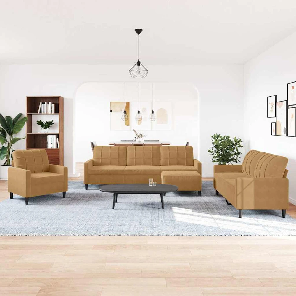 Sofa Sofos komplektas su pagalvėlėmis, 4 dalių, rudas, aksomas