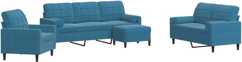 Sofa Sofos komplektas su pagalvėlėmis, 4 dalių, mėlynas, aksomas