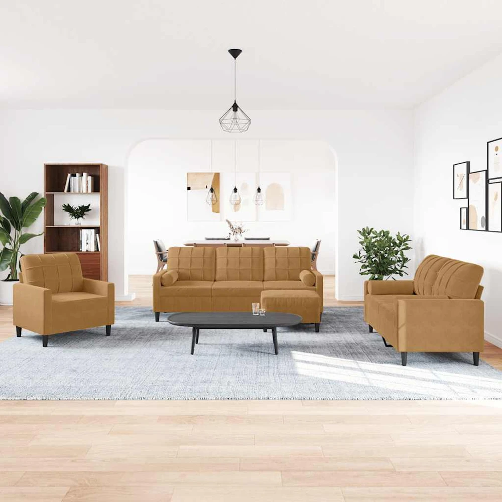 Sofa Sofos komplektas su pagalvėlėmis, 4 dalių, rudas, aksomas