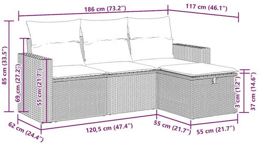 Sofa Sofos komplektas su pagalvėlėmis, 4 dalių, pilkas, poliratanas