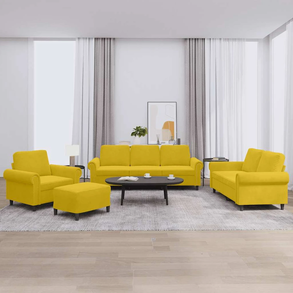 Sofa Sofos komplektas su pagalvėlėmis, 4 dalių, geltonas, aksomas