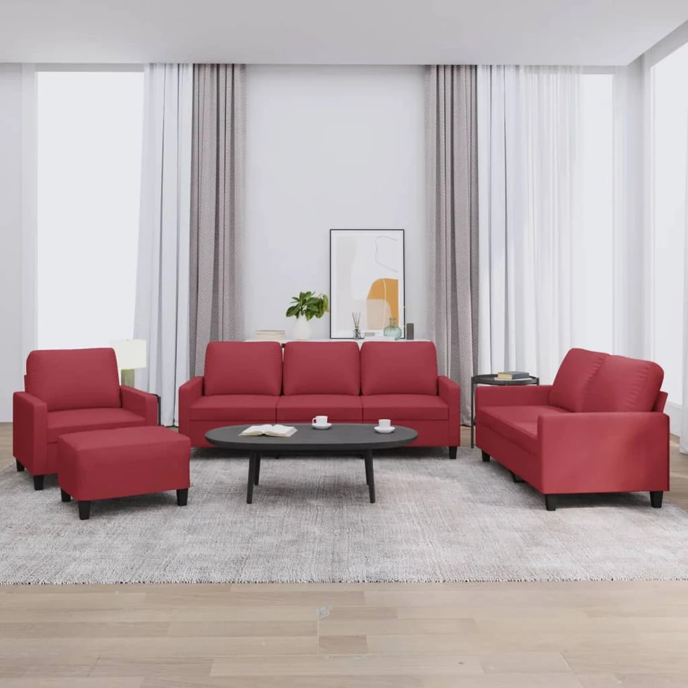 Sofa Sofos komplektas su pagalvėlėmis, 4 dalių, vyno, dirbtinė oda