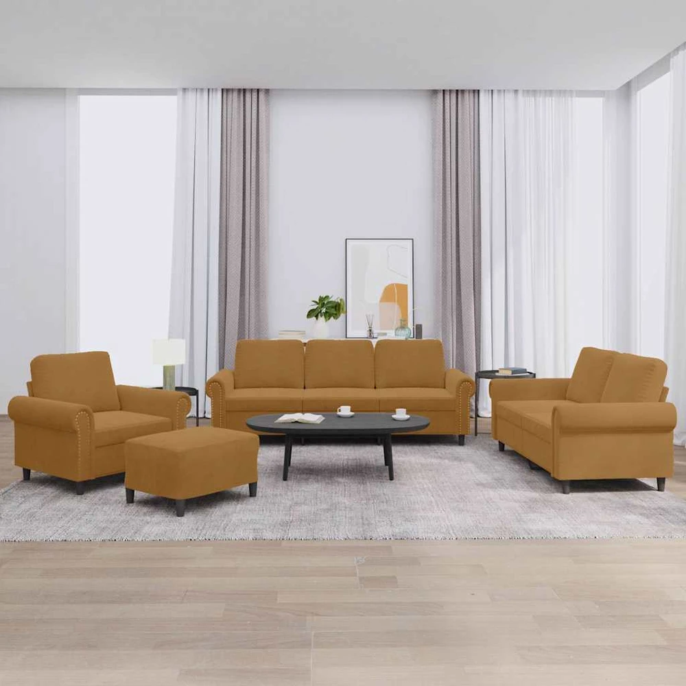 Sofa Sofos komplektas su pagalvėlėmis, 4 dalių, rudas, aksomas