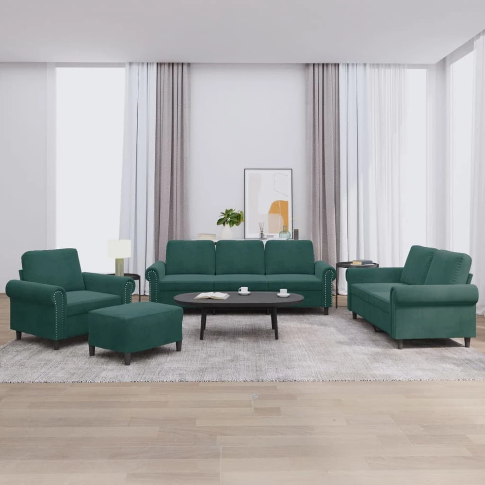 Sofa Sofos komplektas su pagalvėlėmis, 4 dalių, žalias, aksomas