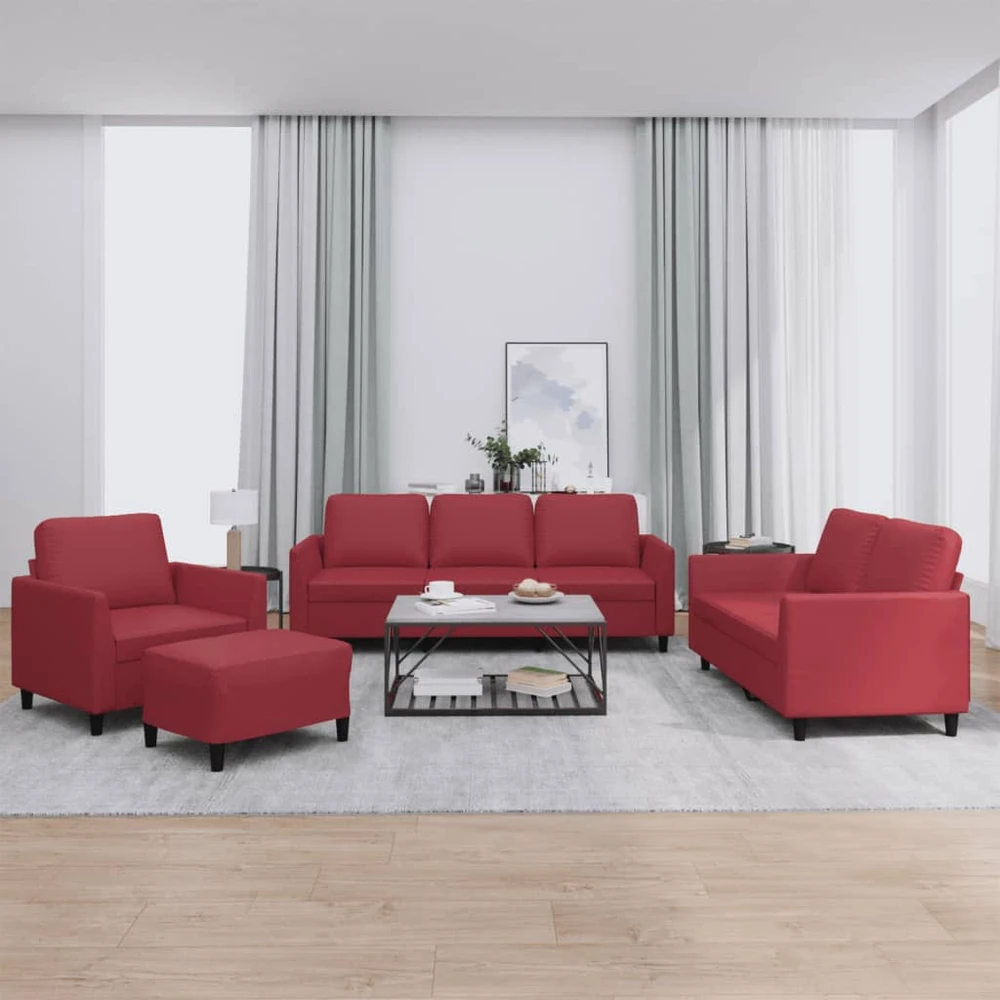 Sofa Sofos komplektas su pagalvėlėmis, 4 dalių, vyno, dirbtinė oda