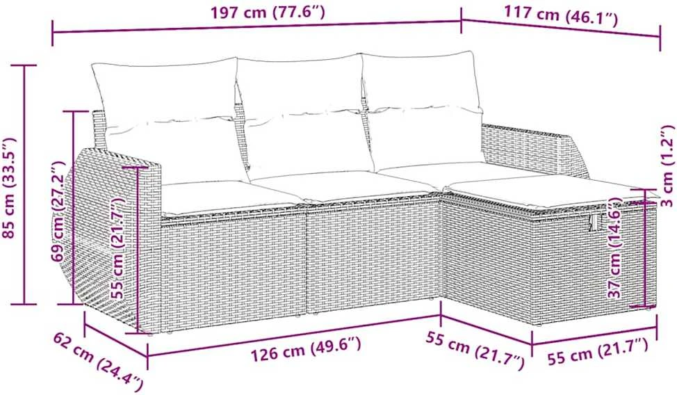 Sofos komplektas su pagalvėlėmis, 4 dalių, smėlio, poliratanas