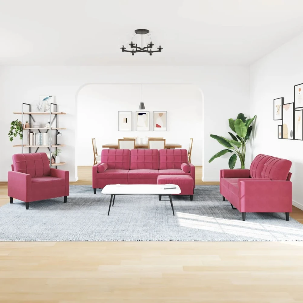 Sofa Sofos komplektas su pagalvėlėmis, 4 dalių, vyno, aksomas