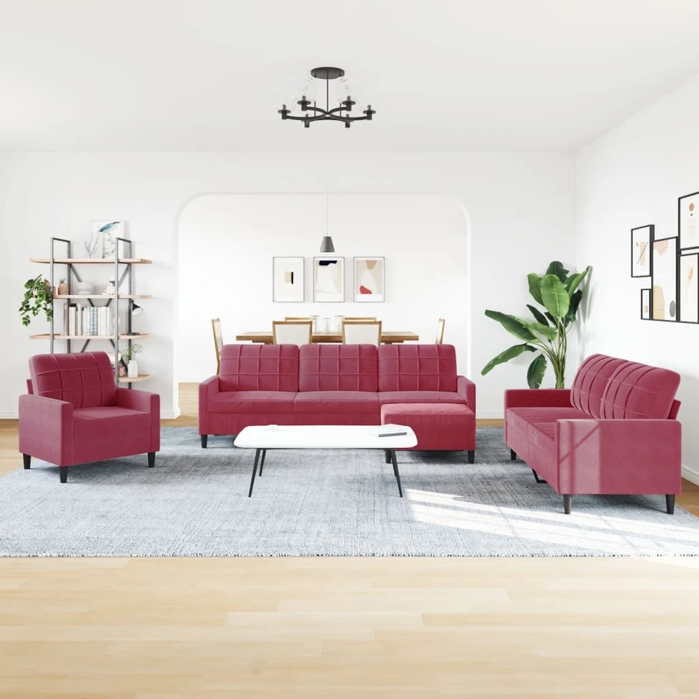 Sofa Sofos komplektas su pagalvėlėmis, 4 dalių, vyno, aksomas