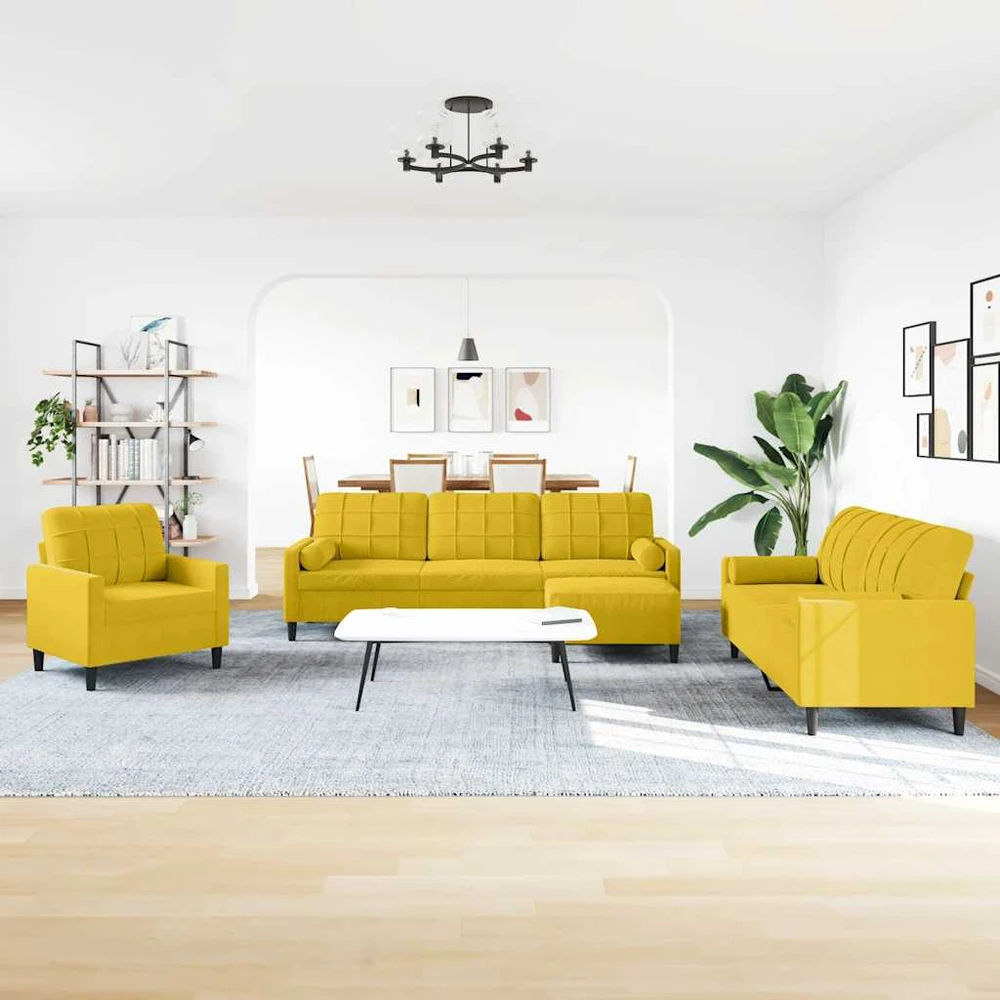 Sofa Sofos komplektas su pagalvėlėmis, 4 dalių, geltonas, aksomas
