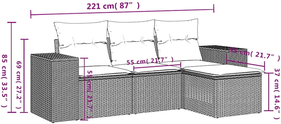 Sofa Sofos komplektas su pagalvėlėmis, 4 dalių, pilkas, poliratanas