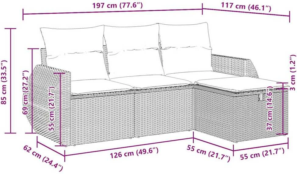 Sofos komplektas su pagalvėlėmis, 4 dalių, smėlio, poliratanas