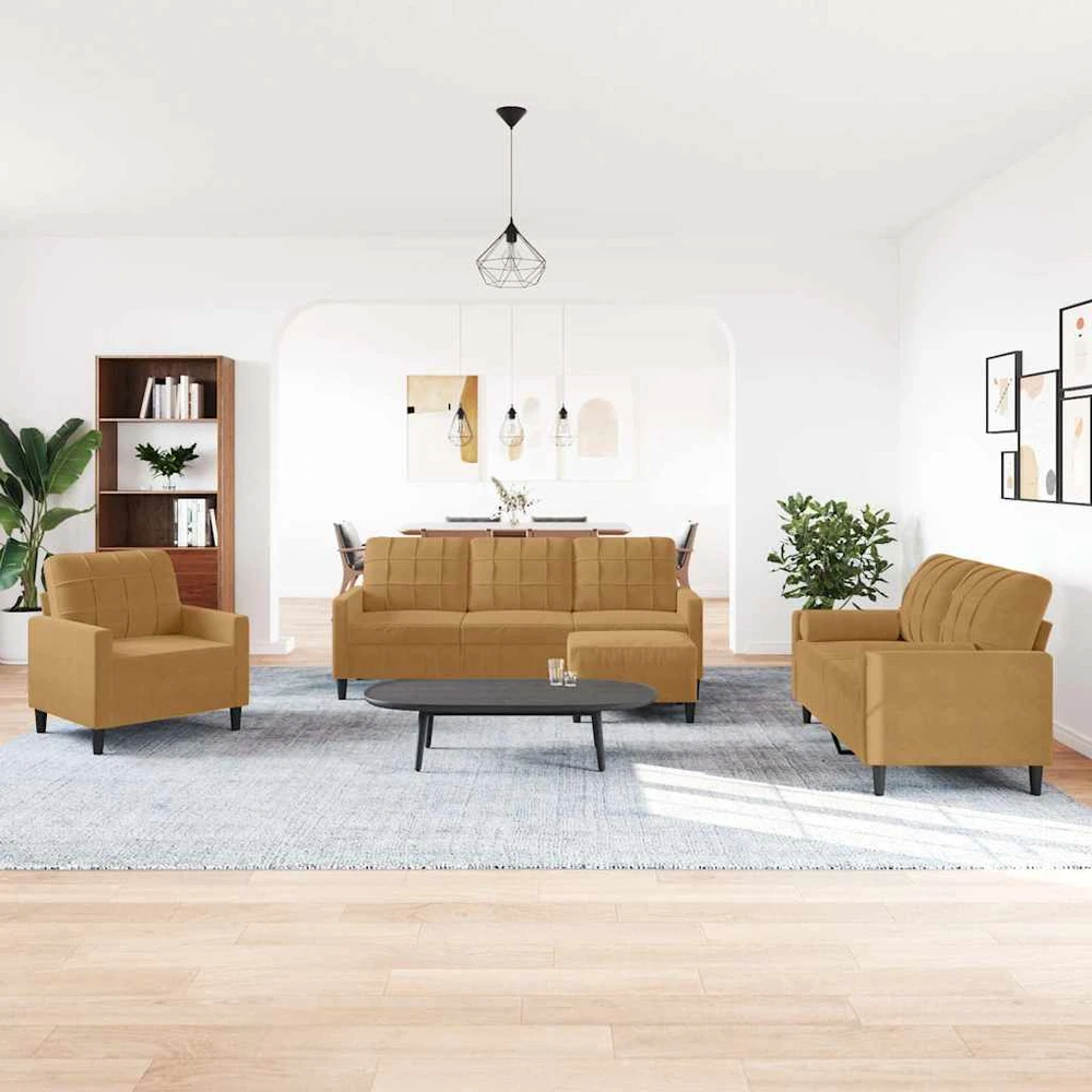Sofa Sofos komplektas su pagalvėlėmis, 4 dalių, rudas, aksomas