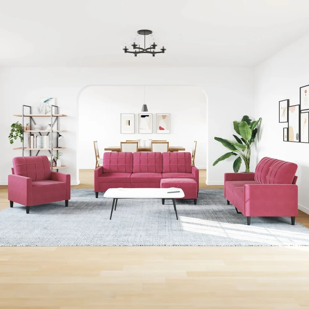Sofa Sofos komplektas su pagalvėlėmis, 4 dalių, vyno, aksomas