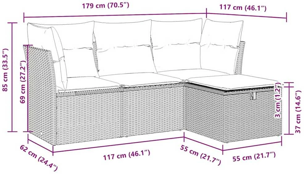 Sofos komplektas su pagalvėlėmis, 4 dalių, rudas, poliratanas