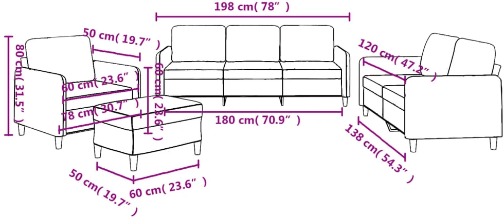 Sofa Sofos komplektas su pagalvėlėmis, 4 dalių, rudas, audinys