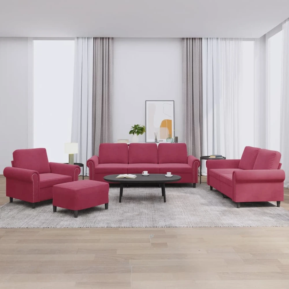 Sofa Sofos komplektas su pagalvėlėmis, 4 dalių, vyno, aksomas