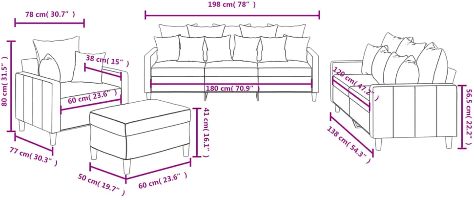 Sofa Sofos komplektas su pagalvėlėmis, 4 dalių, pilkas, aksomas
