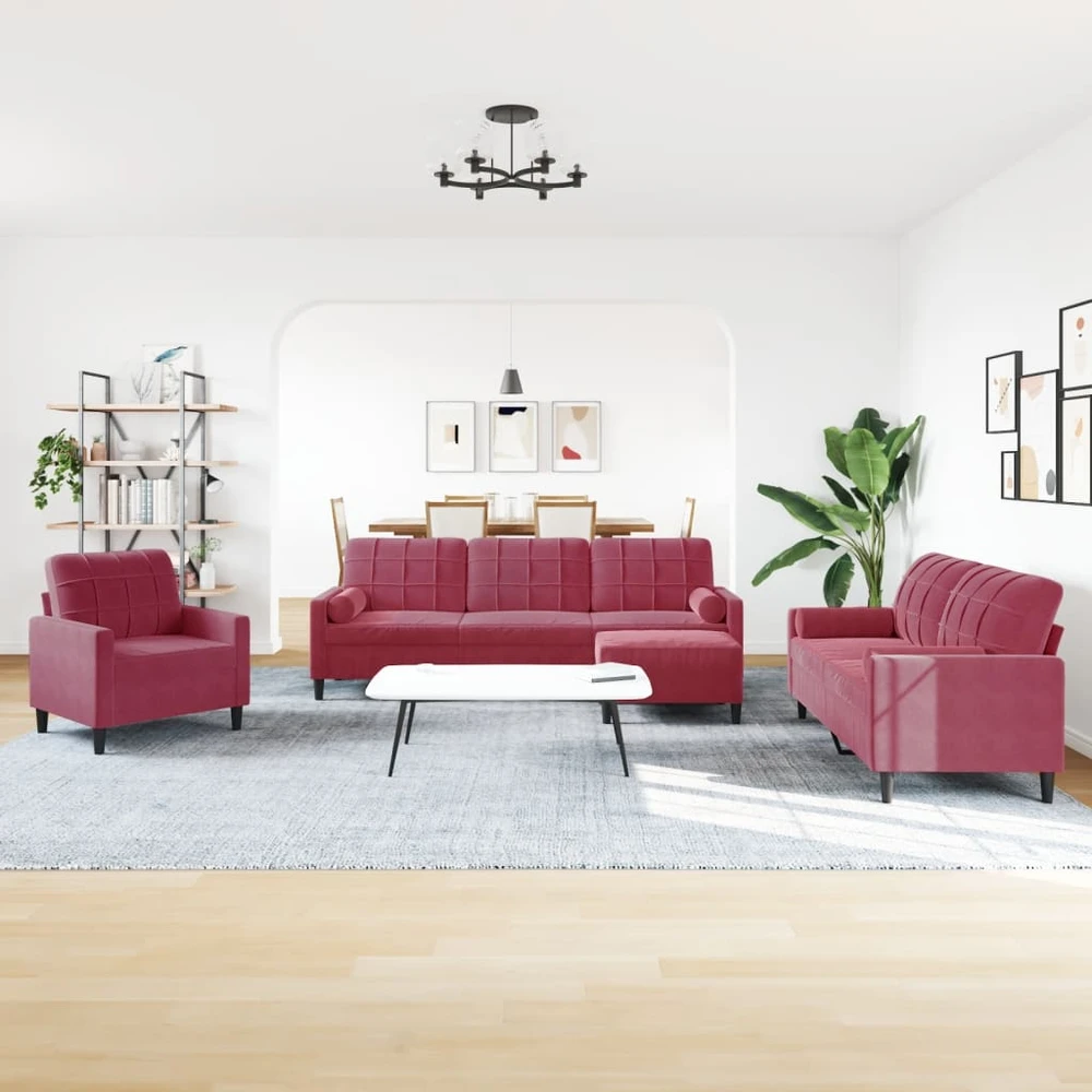 Sofa Sofos komplektas su pagalvėlėmis, 4 dalių, vyno, aksomas