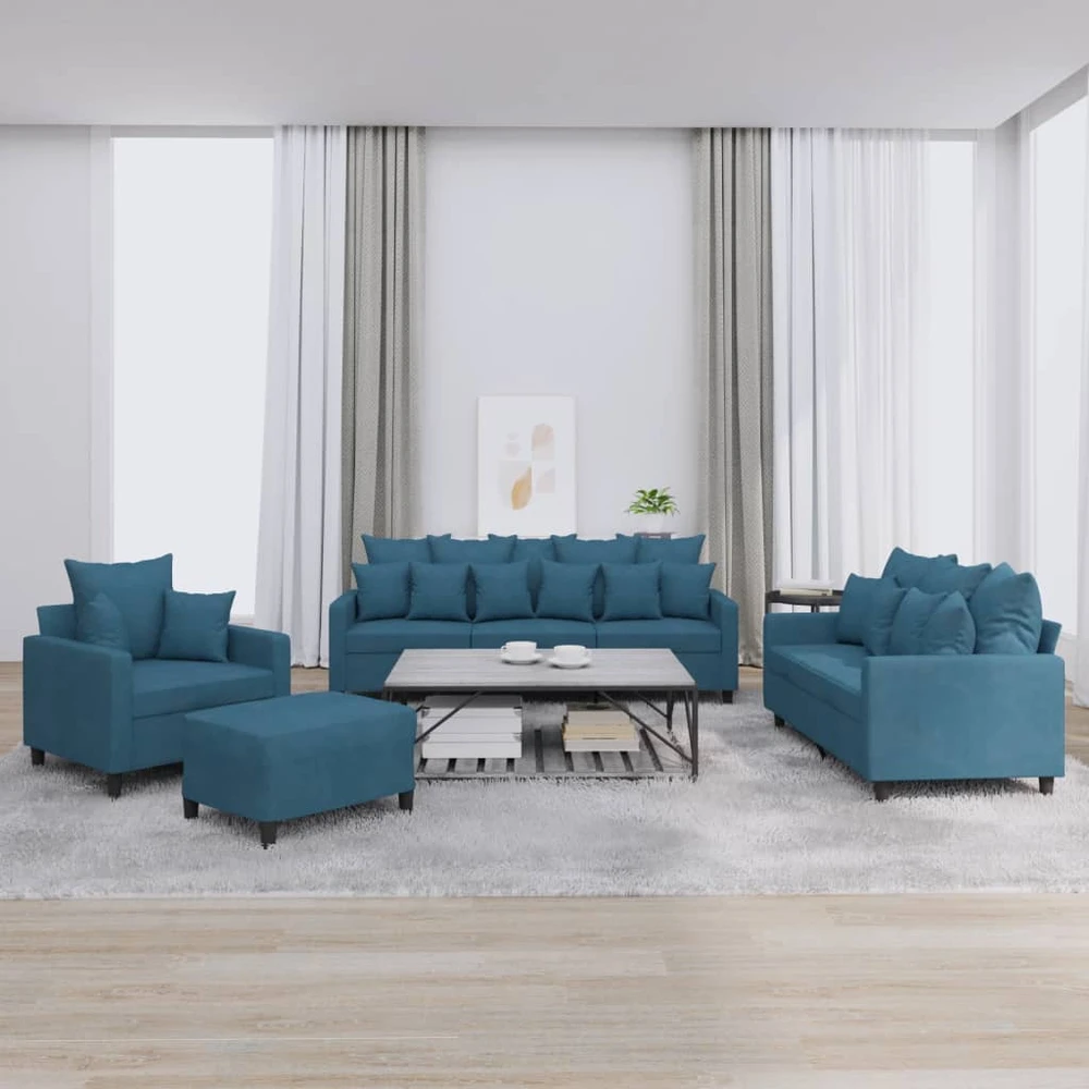 Sofa Sofos komplektas su pagalvėlėmis, 4 dalių, mėlynas, aksomas