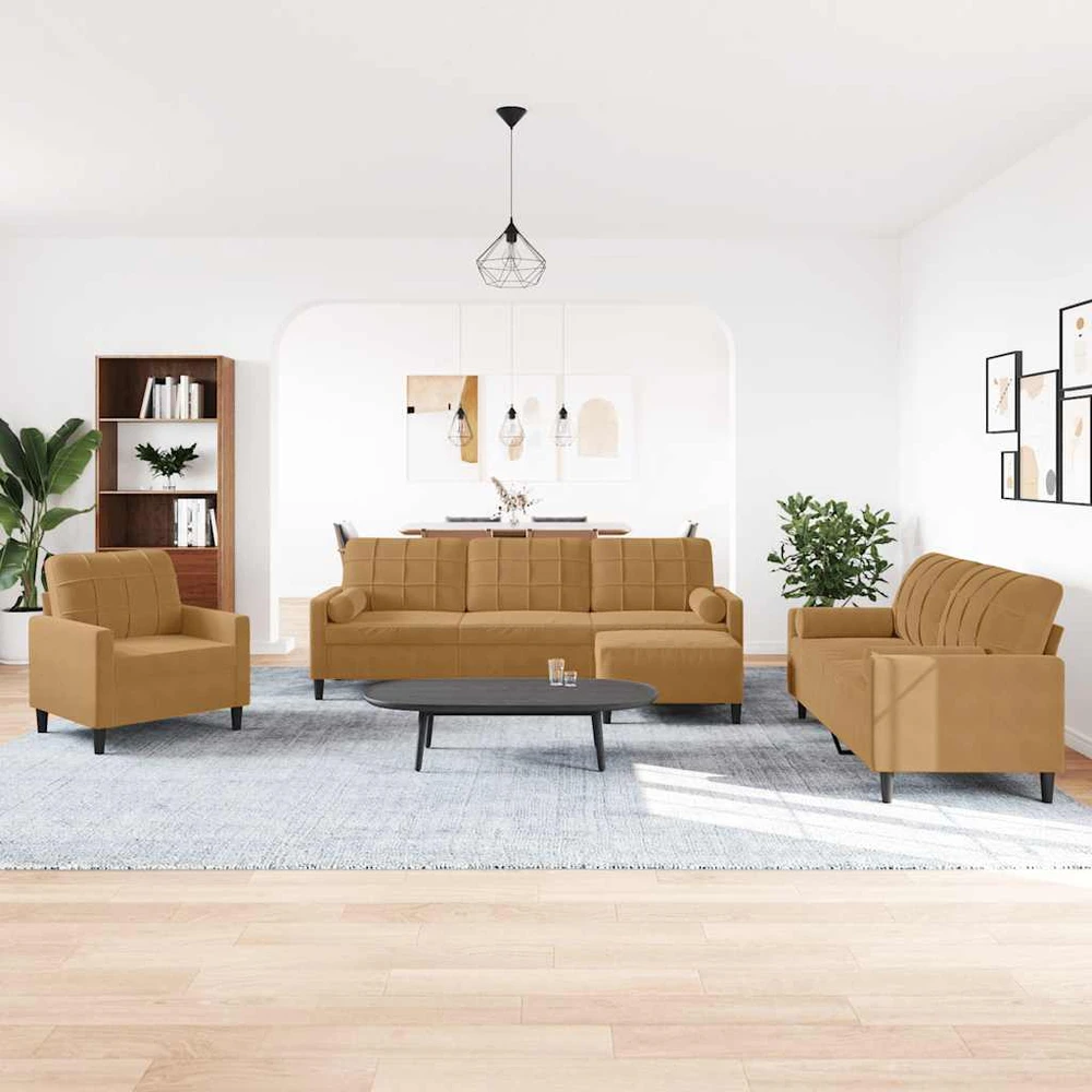 Sofa Sofos komplektas su pagalvėlėmis, 4 dalių, rudas, aksomas