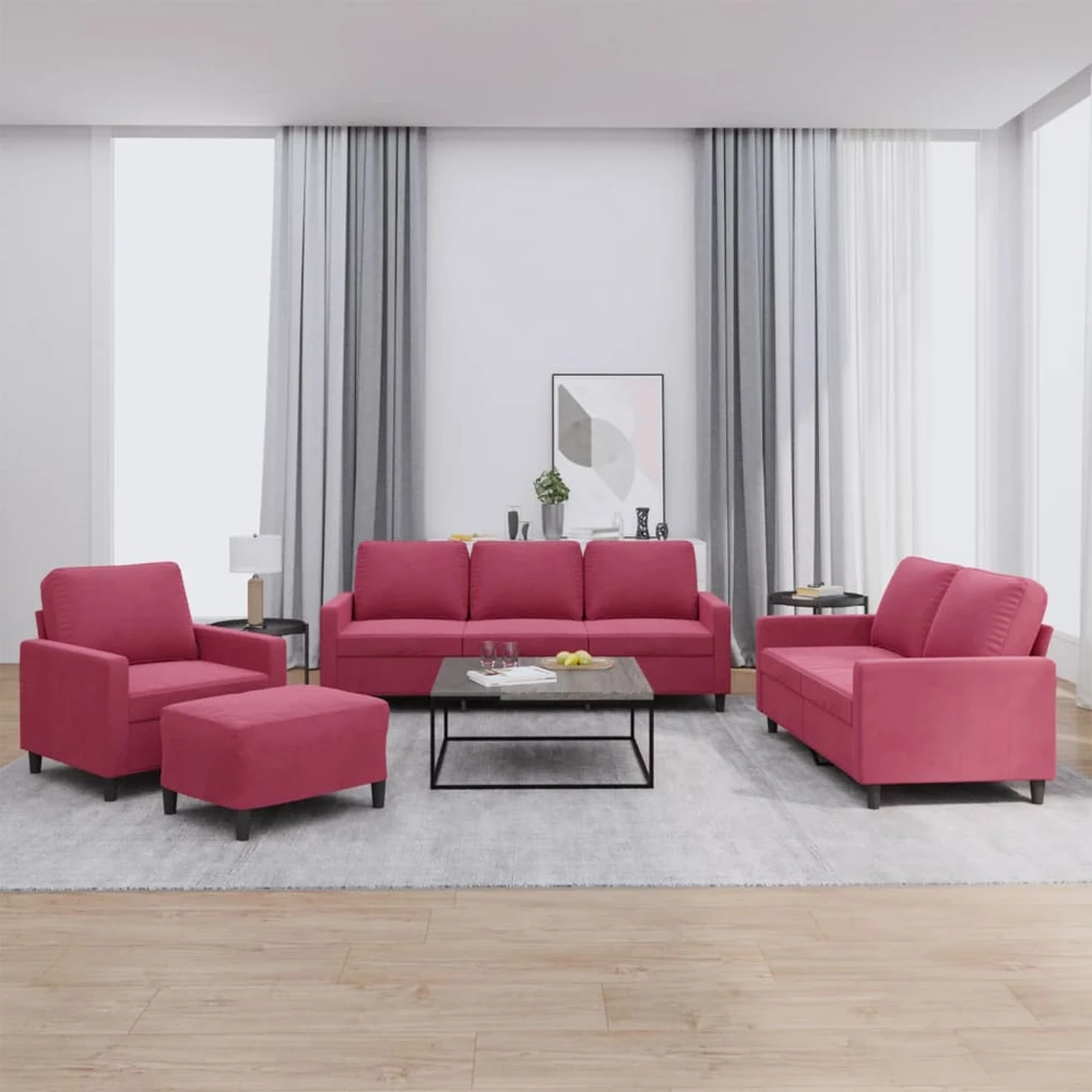 Sofa Sofos komplektas su pagalvėlėmis, 4 dalių, vyno, aksomas