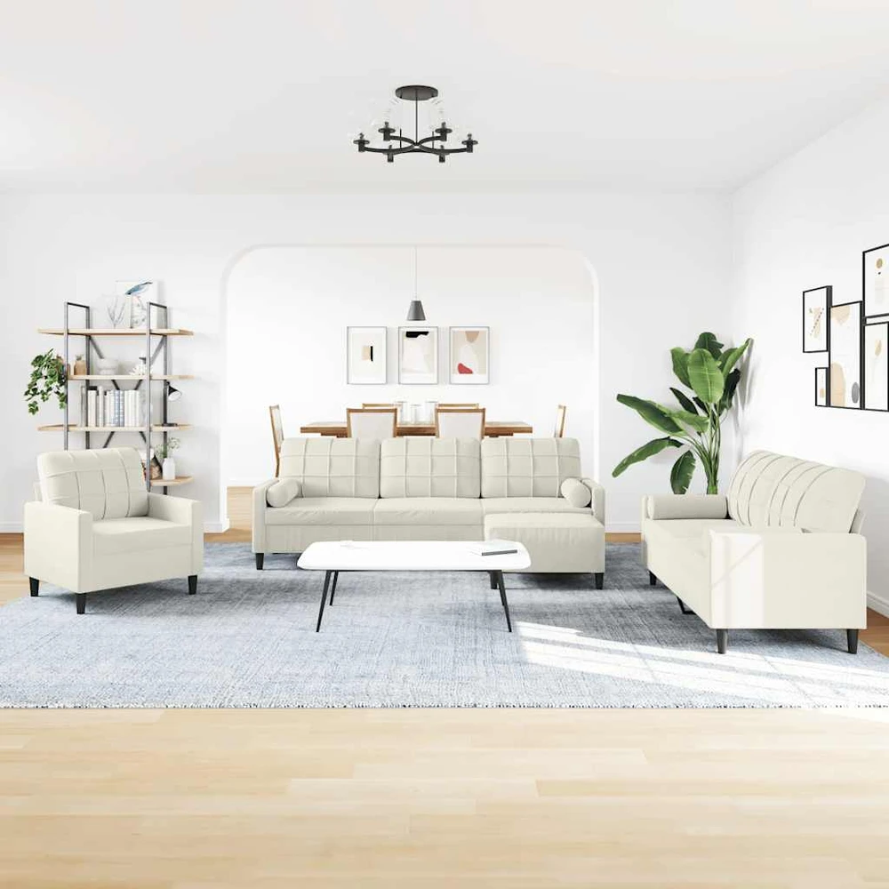 Sofa Sofos komplektas su pagalvėlėmis, 4 dalių, kreminis, aksomas